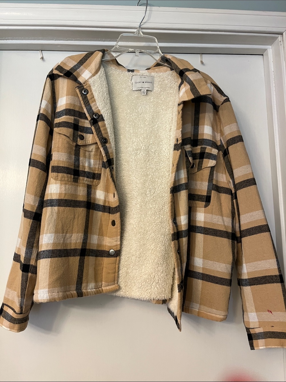Lucky Brand Tan Black Cream Plaid Teddy-Lined Shacket